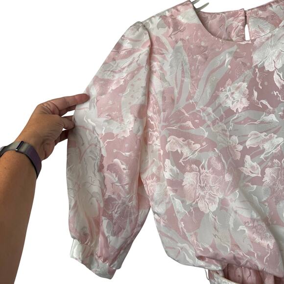 Vintage 80s Von Bramlett Pink Floral Metallic Secretary Dress Size Medium - Picture 8 of 10